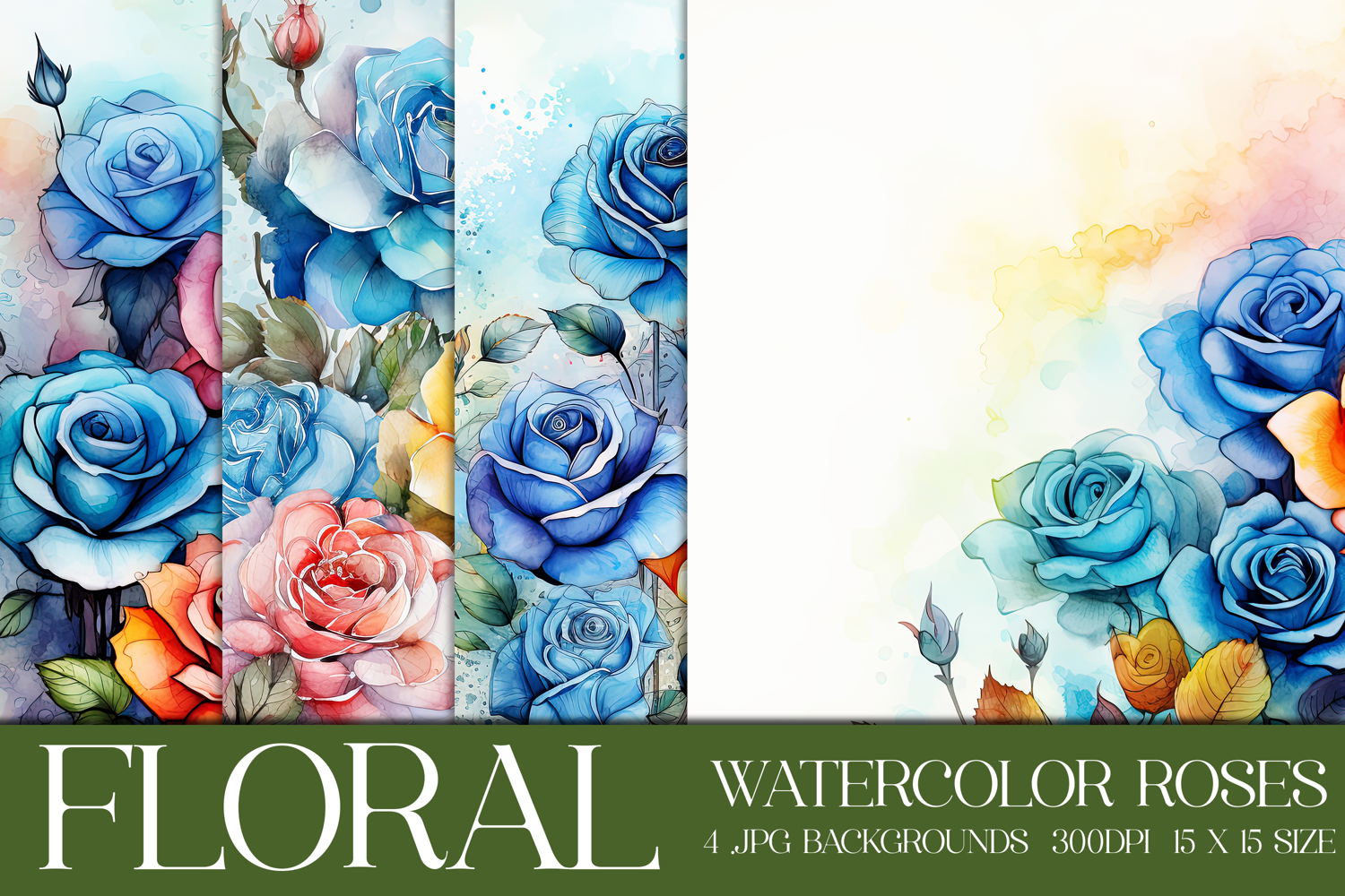 Floral Background, Watercolor Colorful Roses Backgrounds, s1 product image 1