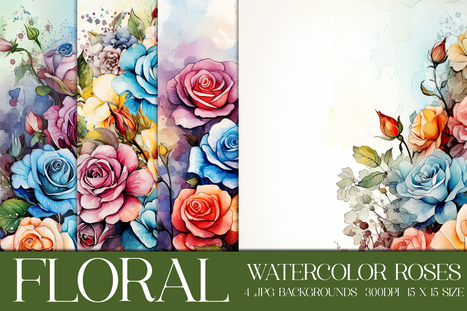 Floral Background, Watercolor Colorful Roses Backgrounds, s2 product image 1