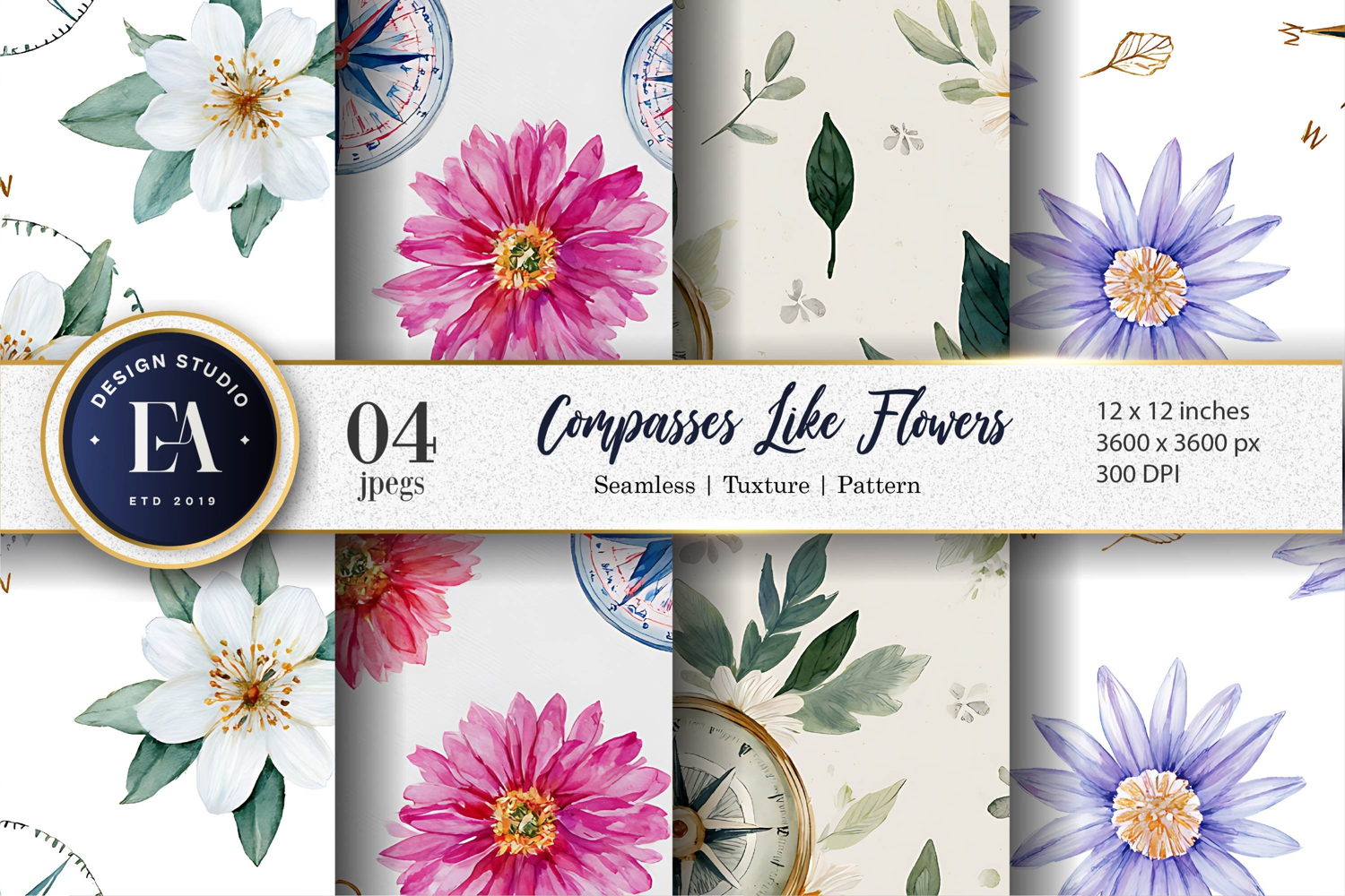 Floral Watercolor Compasses Seamless Pattern Digital Paper product image 1
