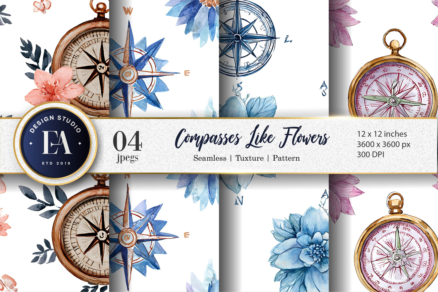 Flower Inspired Watercolor Compasses Seamless Digital Paper product image 1