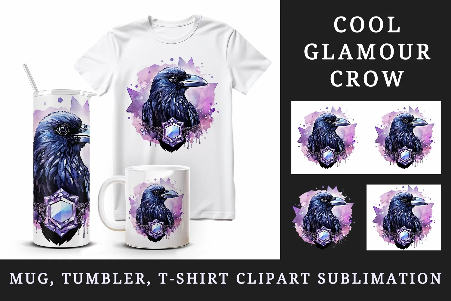 Watercolor cool glamour crow black bird superstar sparkle diamonds print 20 oz tumbler skinny mug wrap clipart t-shirt sublimation printable design
