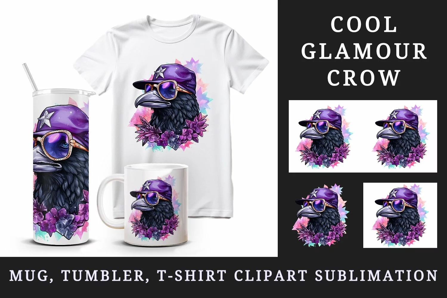 Watercolor cool glamour crow black bird superstar sparkle sunglasses print 20 oz tumbler skinny mug wrap clipart t-shirt sublimation printable design