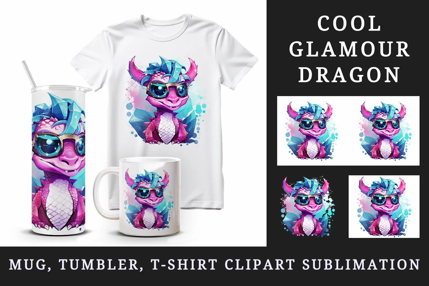 Watercolor cool glamour dragon fantasy animal superstar sunglasses sparkle 20 oz tumbler skinny mug wrap clipart t-shirt sublimation printable design
