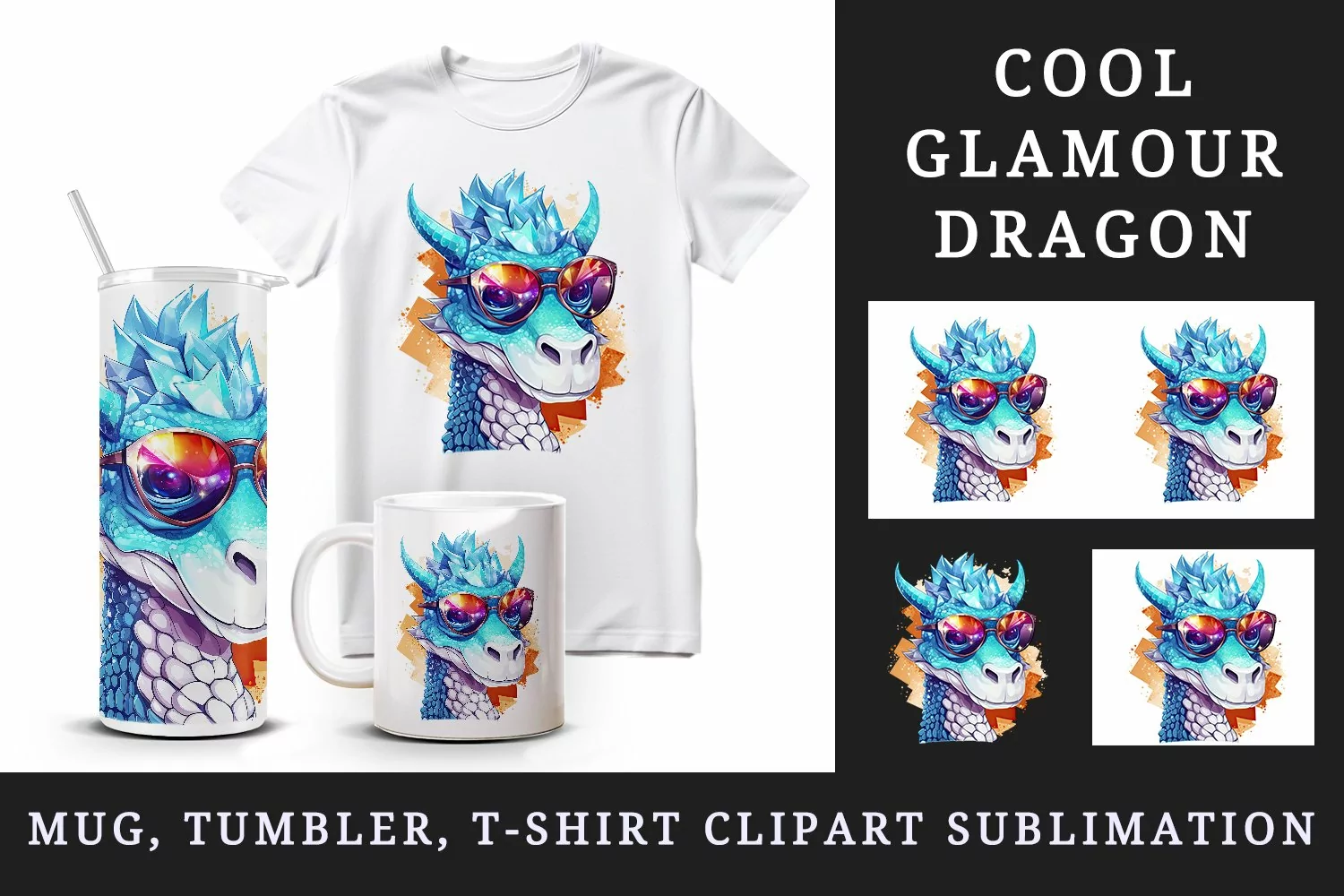 Watercolor cool glamour dragon fantasy animal superstar sunglasses sparkle 20 oz tumbler skinny mug wrap clipart t-shirt sublimation printable design