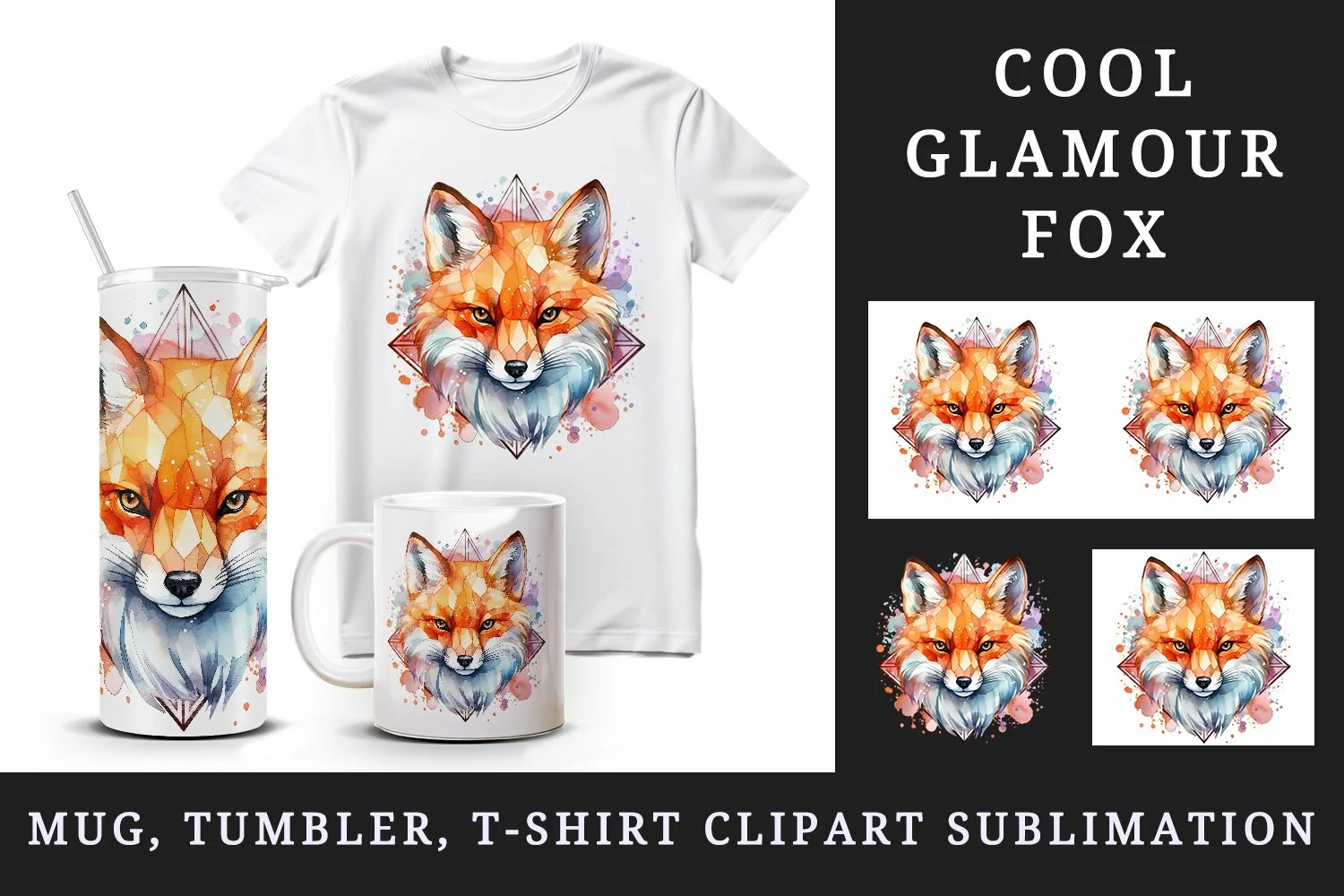 Watercolor cool glamour fox funny superstar wild animal sparkle print 20 oz tumbler skinny mug wrap clipart t-shirt sublimation printable design