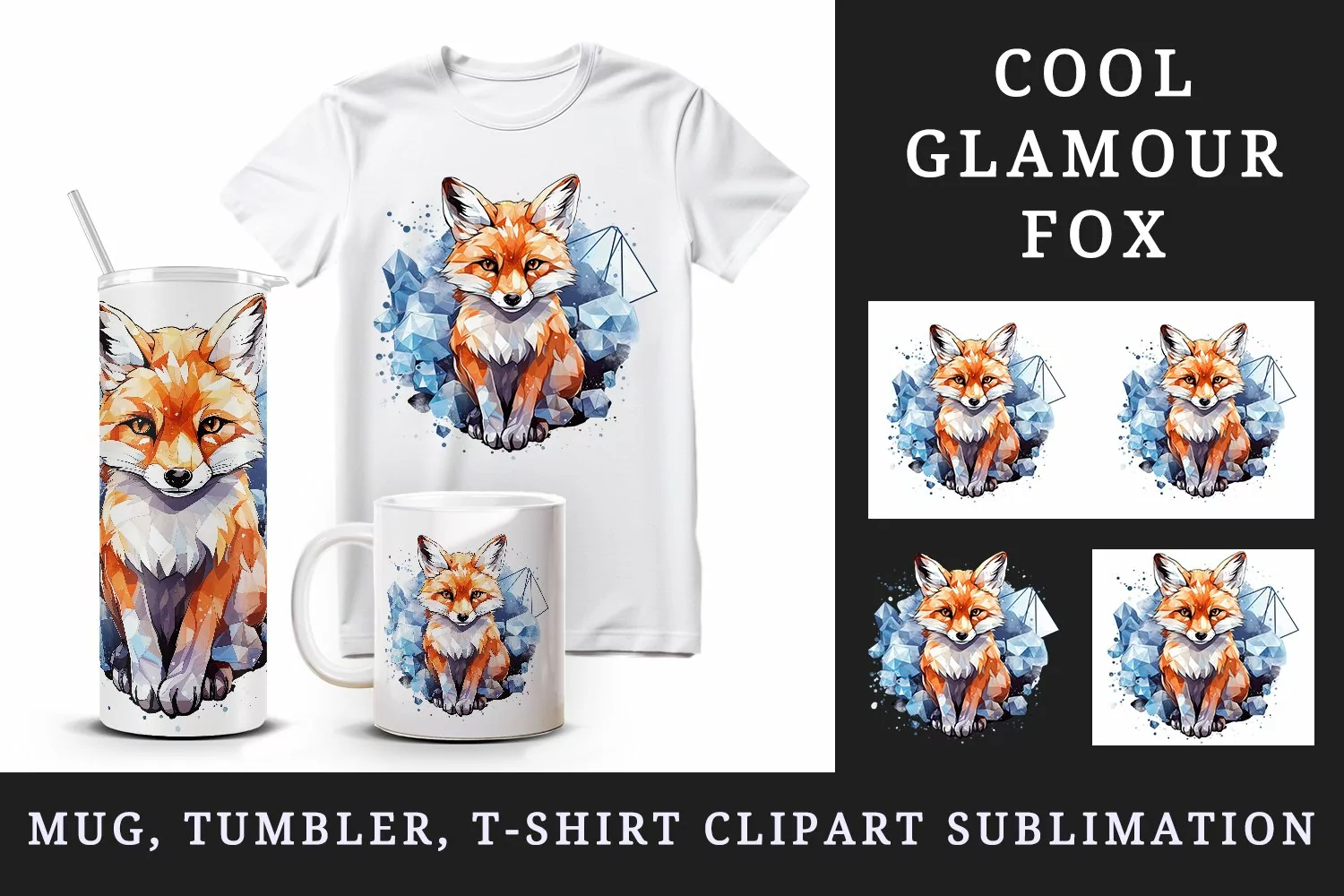 Watercolor cool glamour fox funny superstar wild animal sparkle print 20 oz tumbler skinny mug wrap clipart t-shirt sublimation printable design