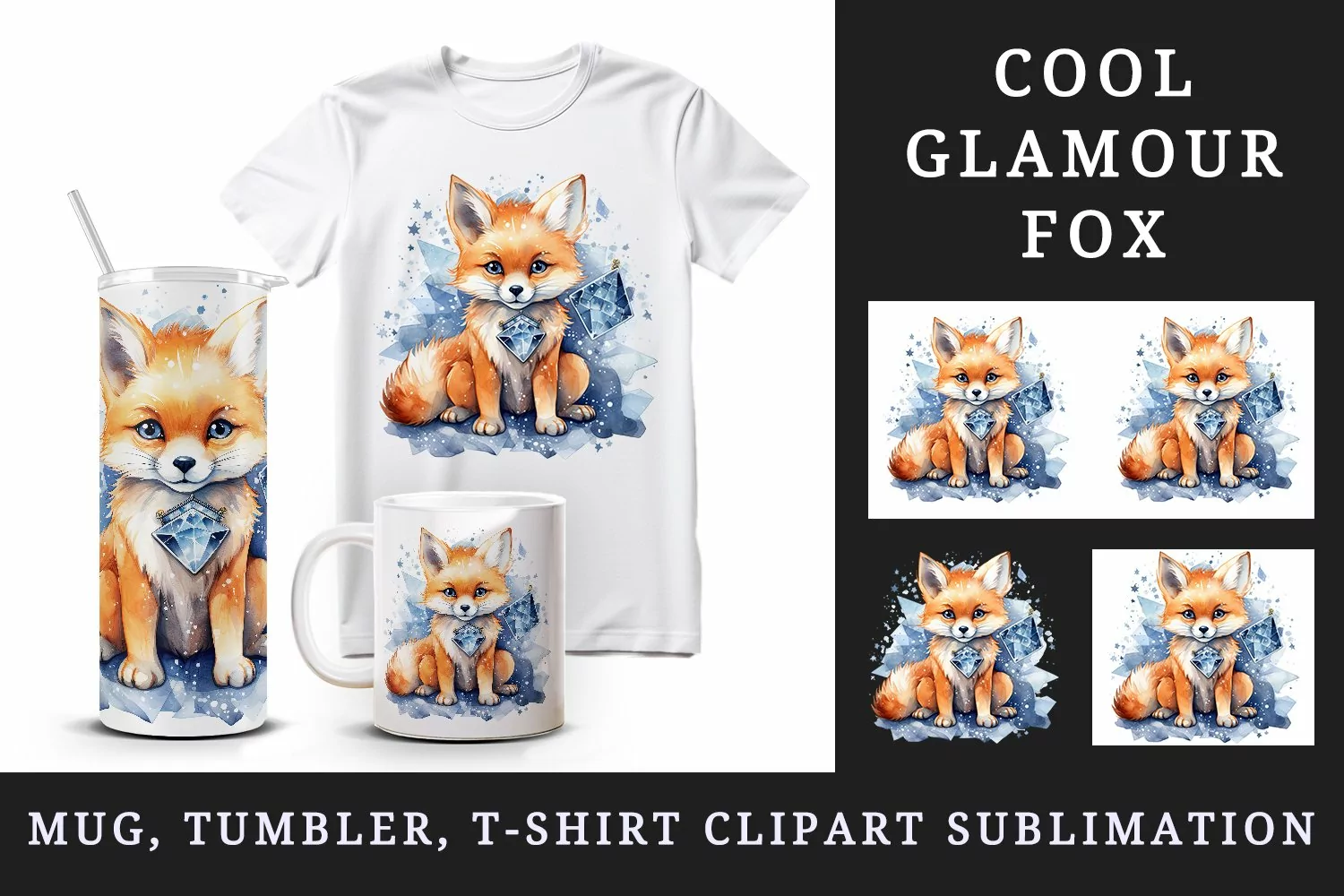 Watercolor cool glamour fox funny superstar wild animal sparkle stars print 20 oz tumbler skinny mug wrap clipart t-shirt sublimation printable design