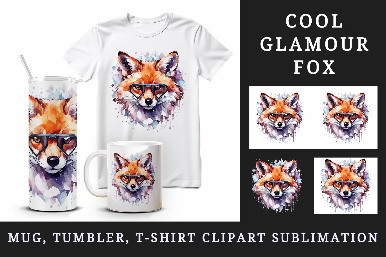 Watercolor cool glamour fox superstar wild animal sparkle sunglasses print 20 oz tumbler skinny mug wrap clipart t-shirt sublimation printable design