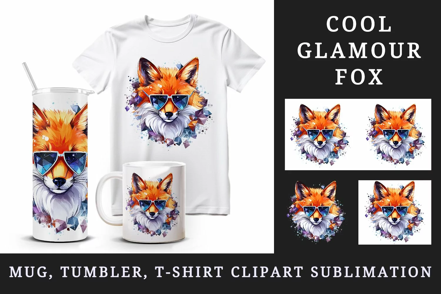 Watercolor cool glamour fox superstar wild animal sparkle sunglasses print 20 oz tumbler skinny mug wrap clipart t-shirt sublimation printable design