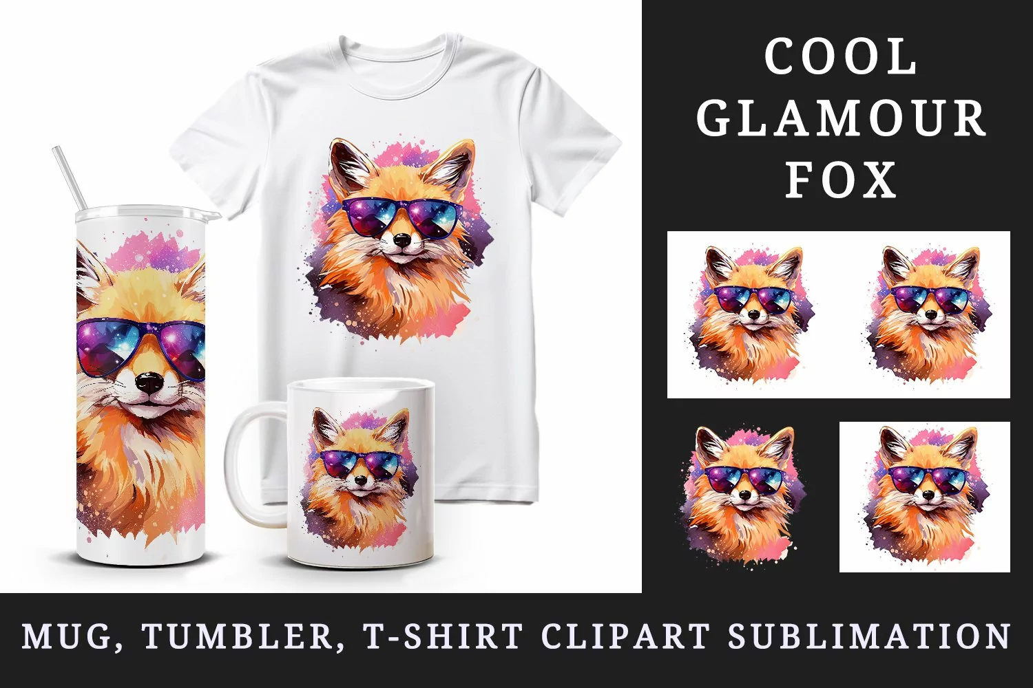 Watercolor cool glamour fox superstar wild animal sparkle sunglasses print 20 oz tumbler skinny mug wrap clipart t-shirt sublimation printable design