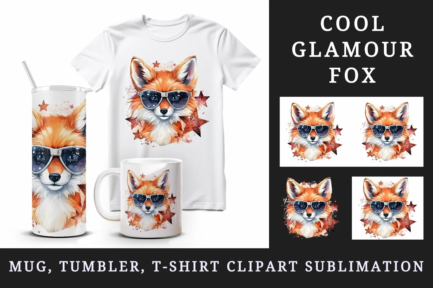 Watercolor cool glamour fox superstar wild animal sparkle sunglasses print 20 oz tumbler skinny mug wrap clipart t-shirt sublimation printable design