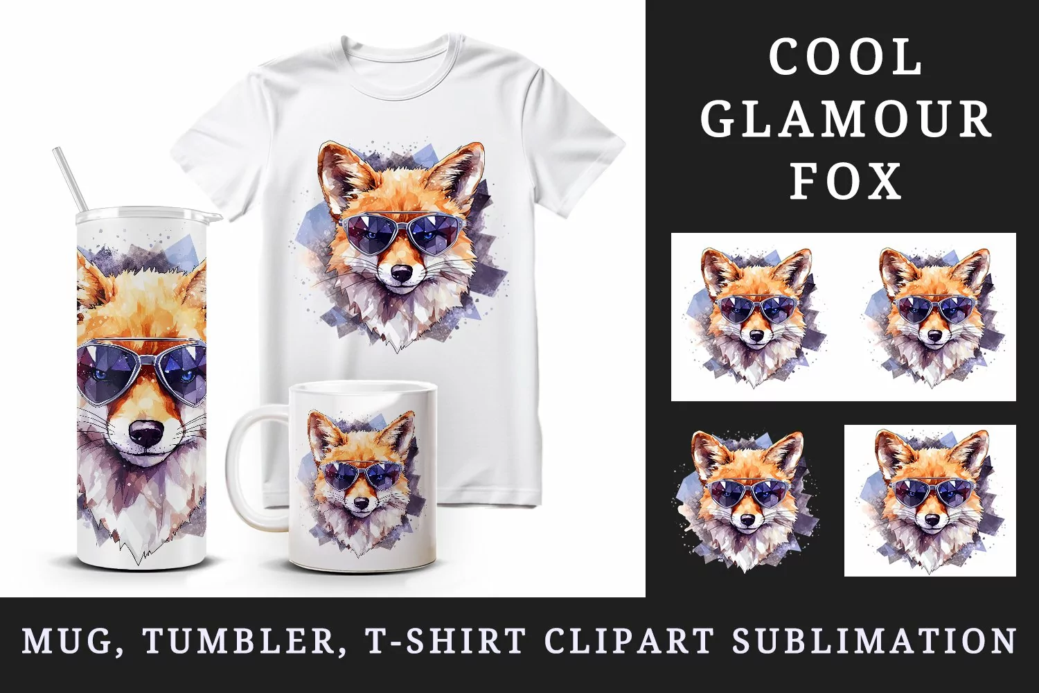 Watercolor cool glamour fox superstar wild animal sparkle sunglasses print 20 oz tumbler skinny mug wrap clipart t-shirt sublimation printable design