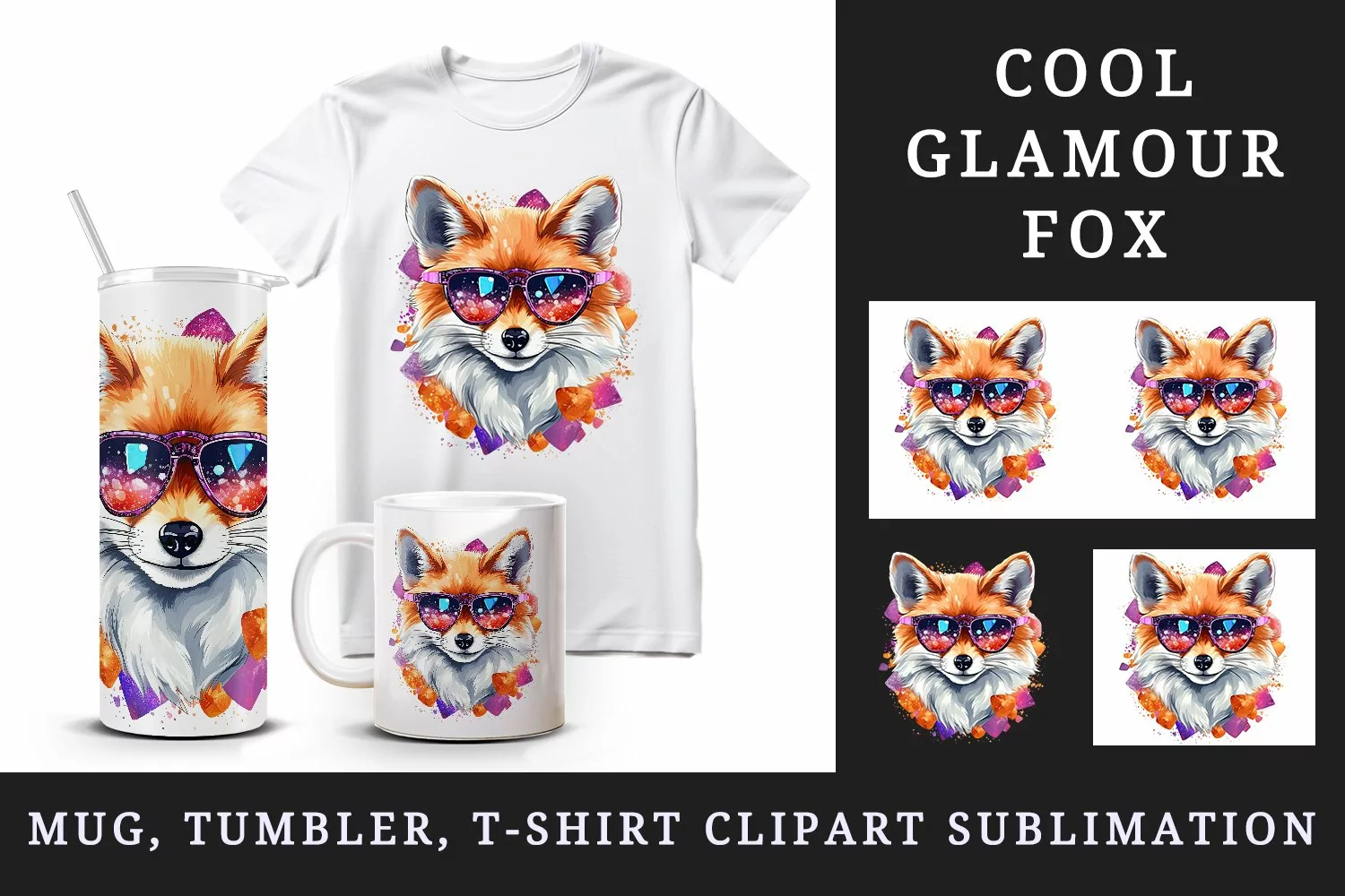 Watercolor cool glamour fox superstar wild animal sparkle sunglasses print 20 oz tumbler skinny mug wrap clipart t-shirt sublimation printable design