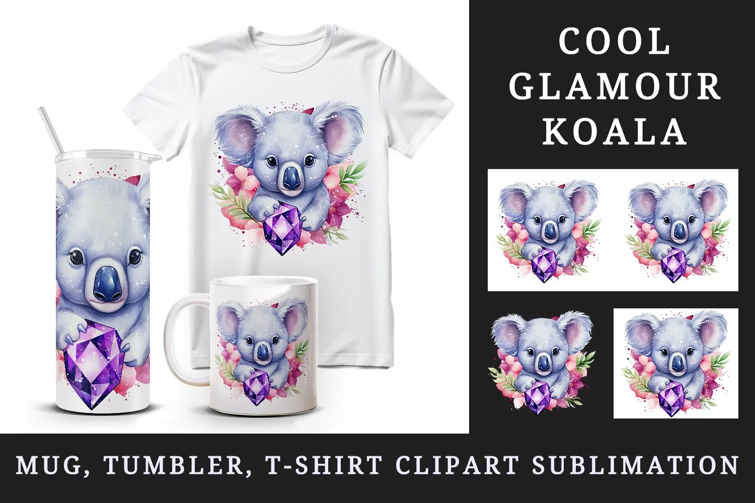 Watercolor cool glamour koala funny superstar animal sparkle stars print 20 oz tumbler skinny mug wrap clipart t-shirt sublimation printable design