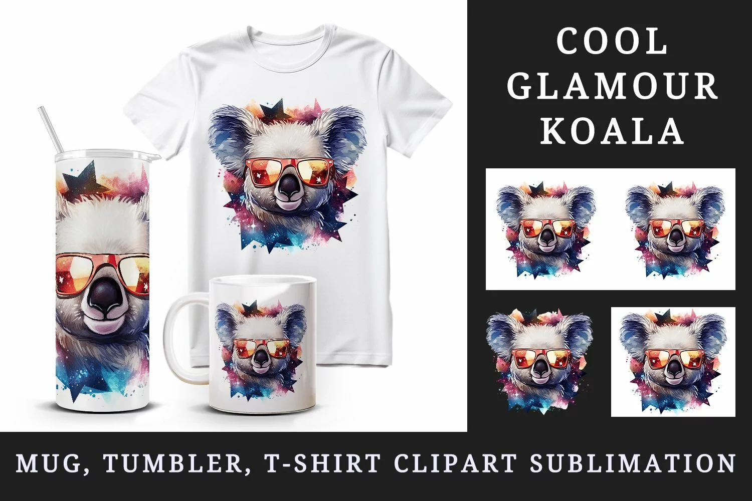 Watercolor cool glamour koala funny superstar animal sunglasses stars print 20 oz tumbler skinny mug wrap clipart t-shirt sublimation printable design