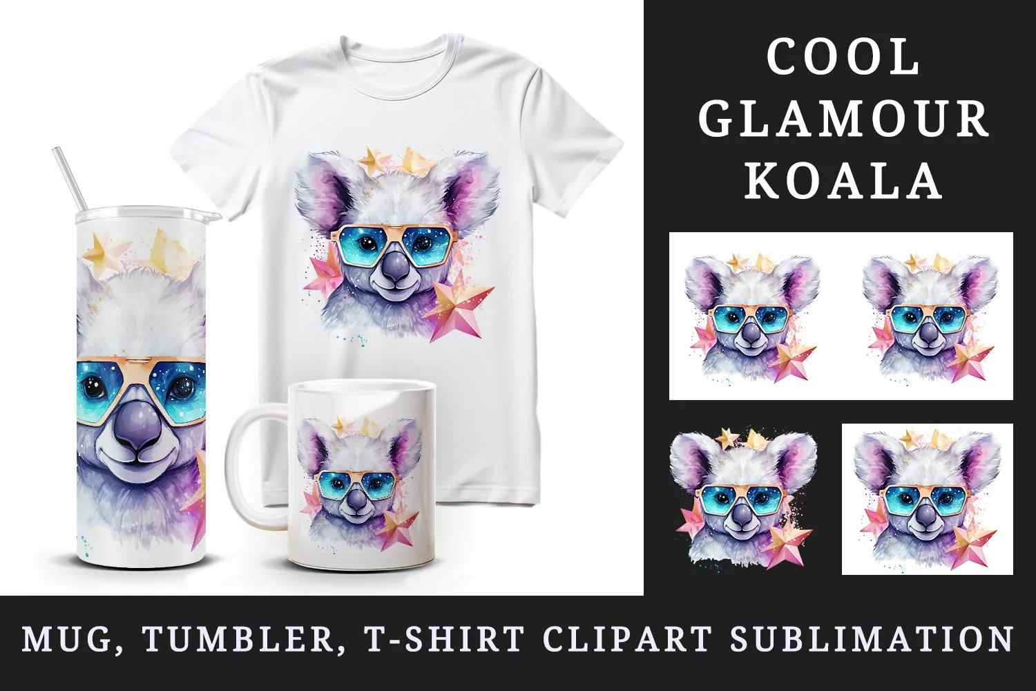 Watercolor cool glamour koala funny superstar animal sunglasses stars print 20 oz tumbler skinny mug wrap clipart t-shirt sublimation printable design