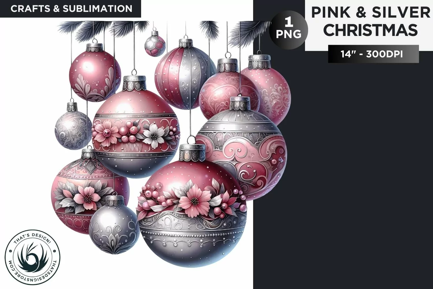 Pink & Silver Christmas Baubles clipart PNG product image 1