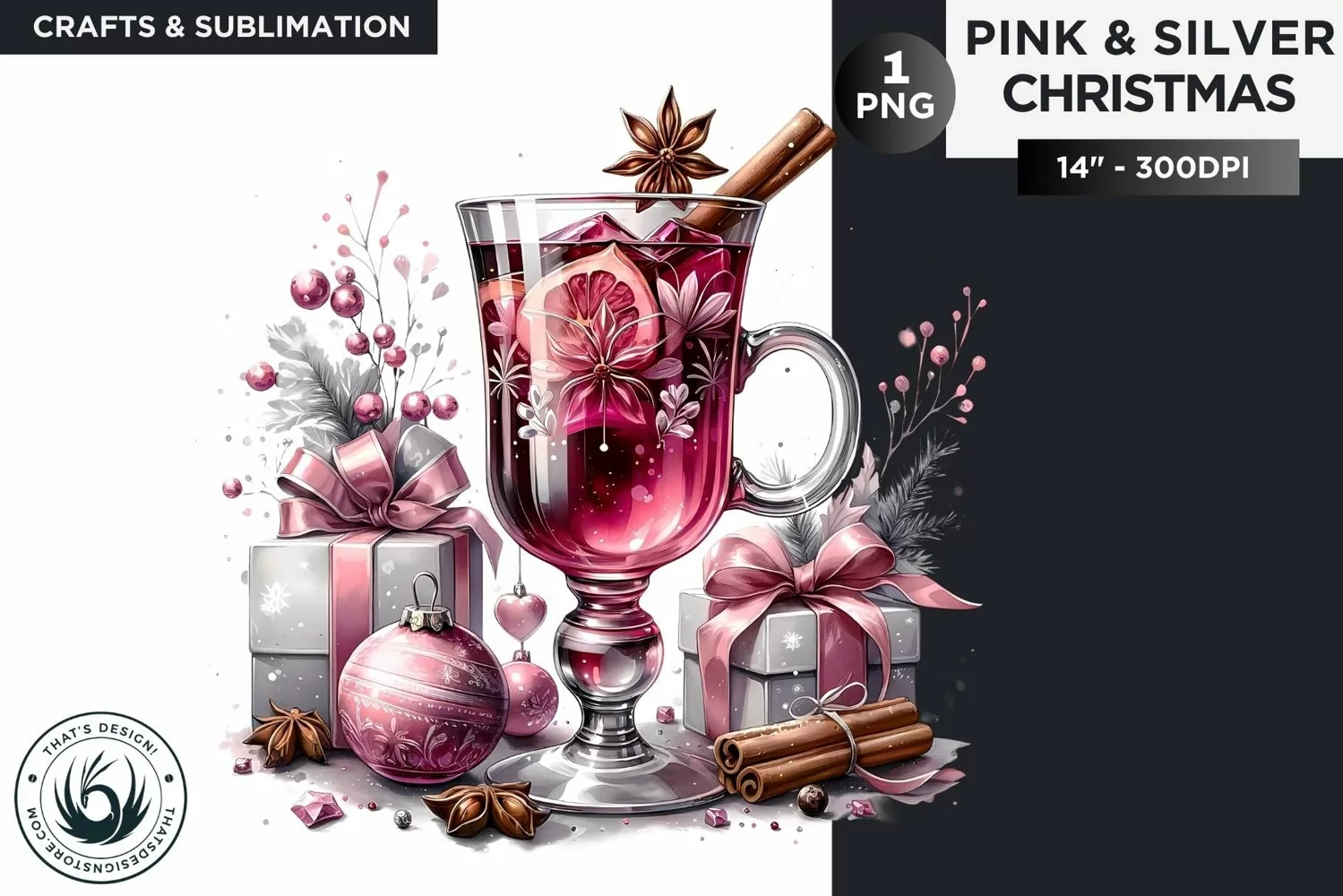 Pink & Silver Christmas Hot wine clipart PNG product image 1