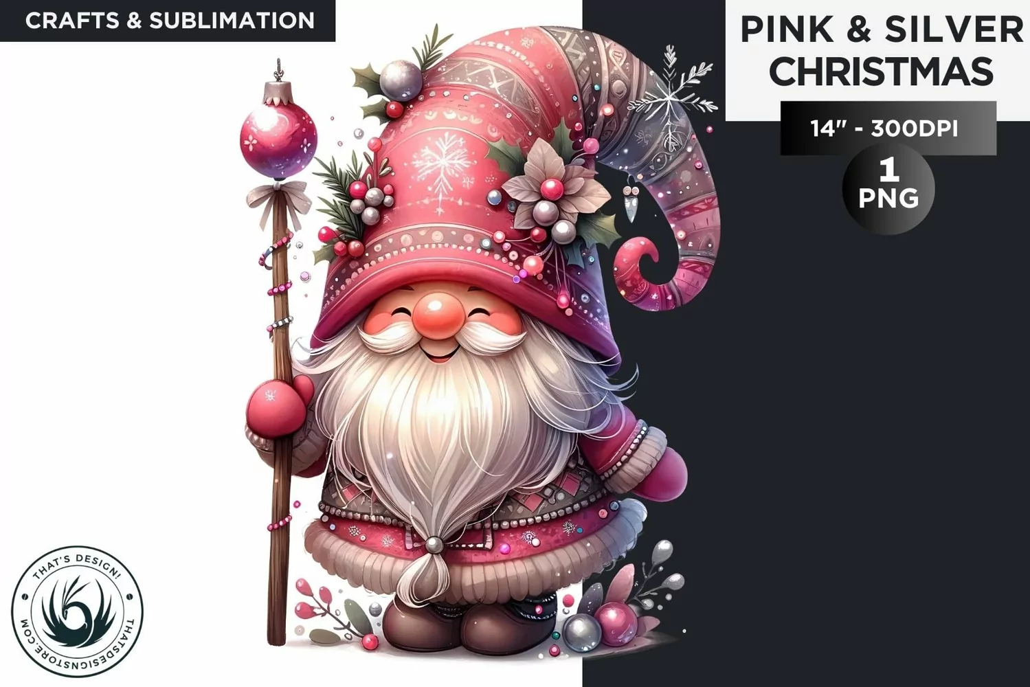 Pink & Silver christmas gnome with flowers clipart PNG product image 1