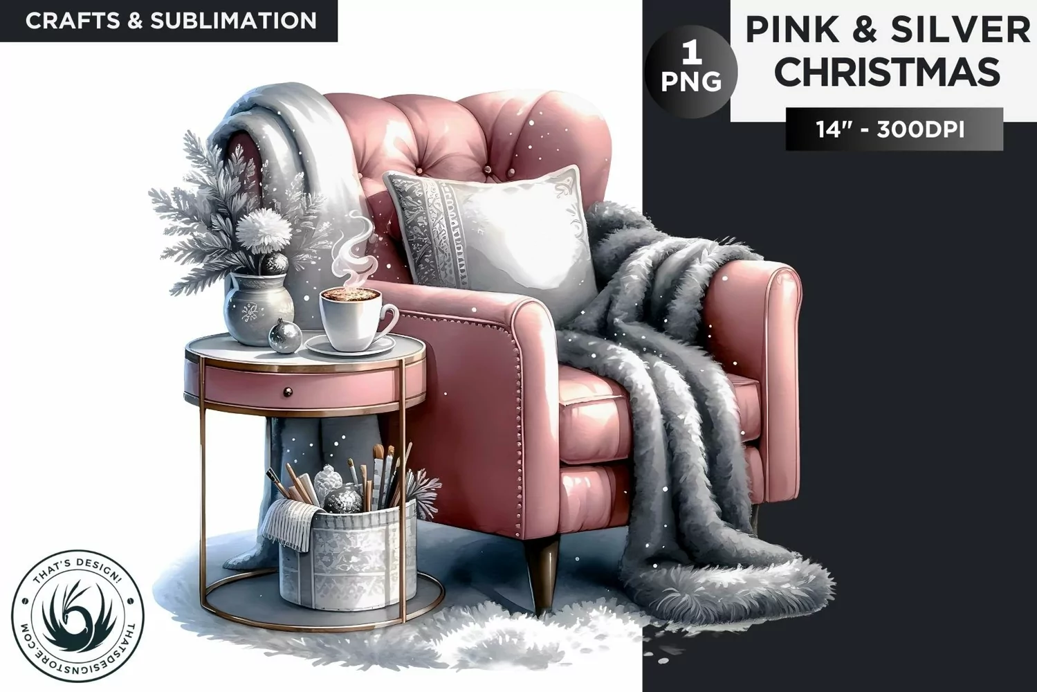 Pink & Silver christmas cozy armchair clipart PNG product image 1