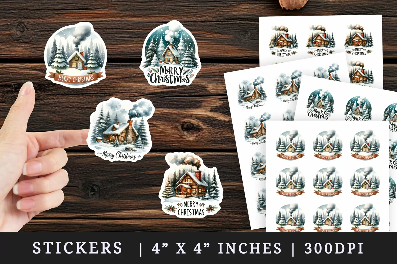 Watercolor cozy cabin chimney smoke snowy trees Merry Christmas quote New Year winter print sticker sheet stickers printable sublimation design png