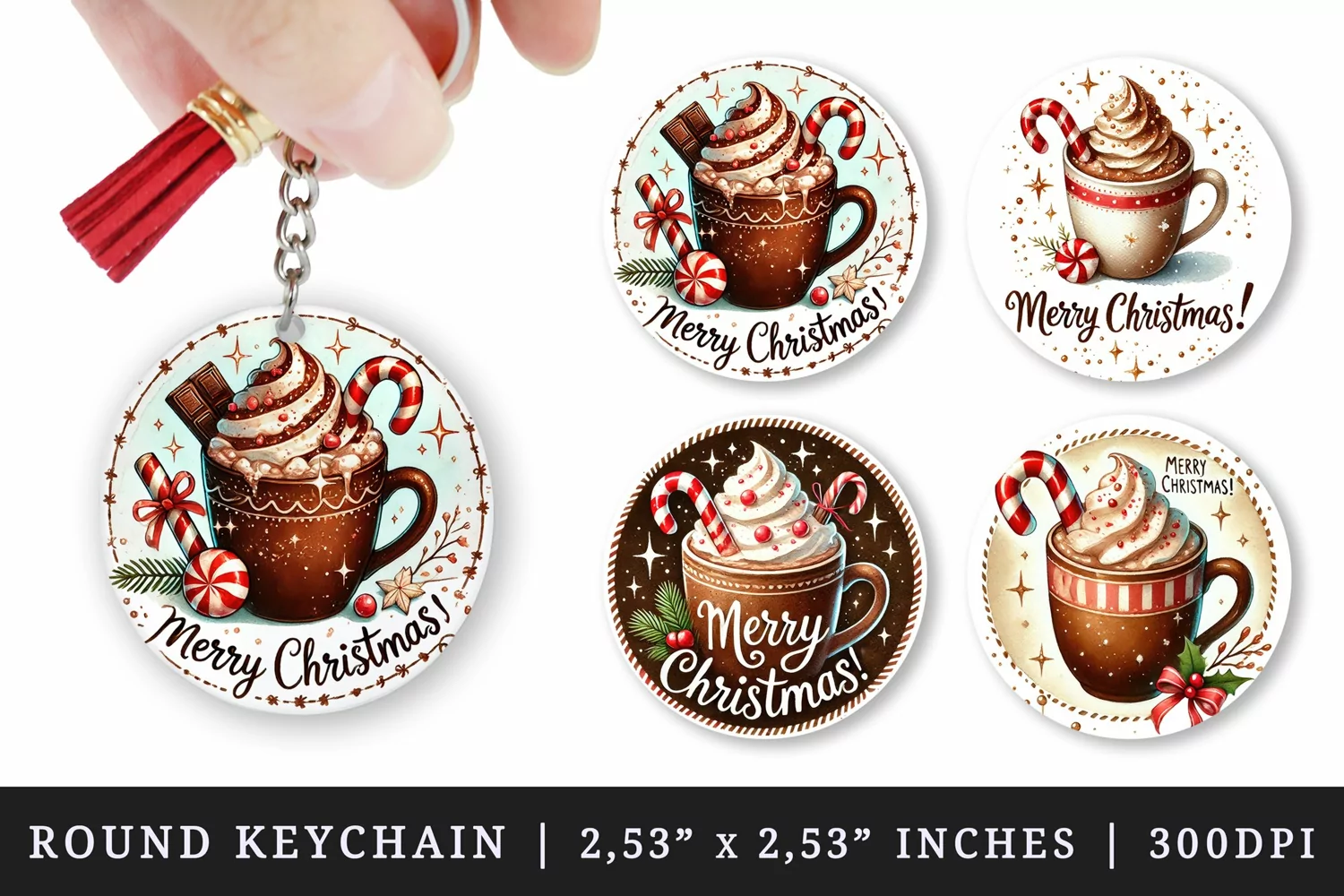 Watercolor cozy hot chocolate with whipped cream candy cane Merry Christmas quote New Year winter print round keychain keychains sublimation design