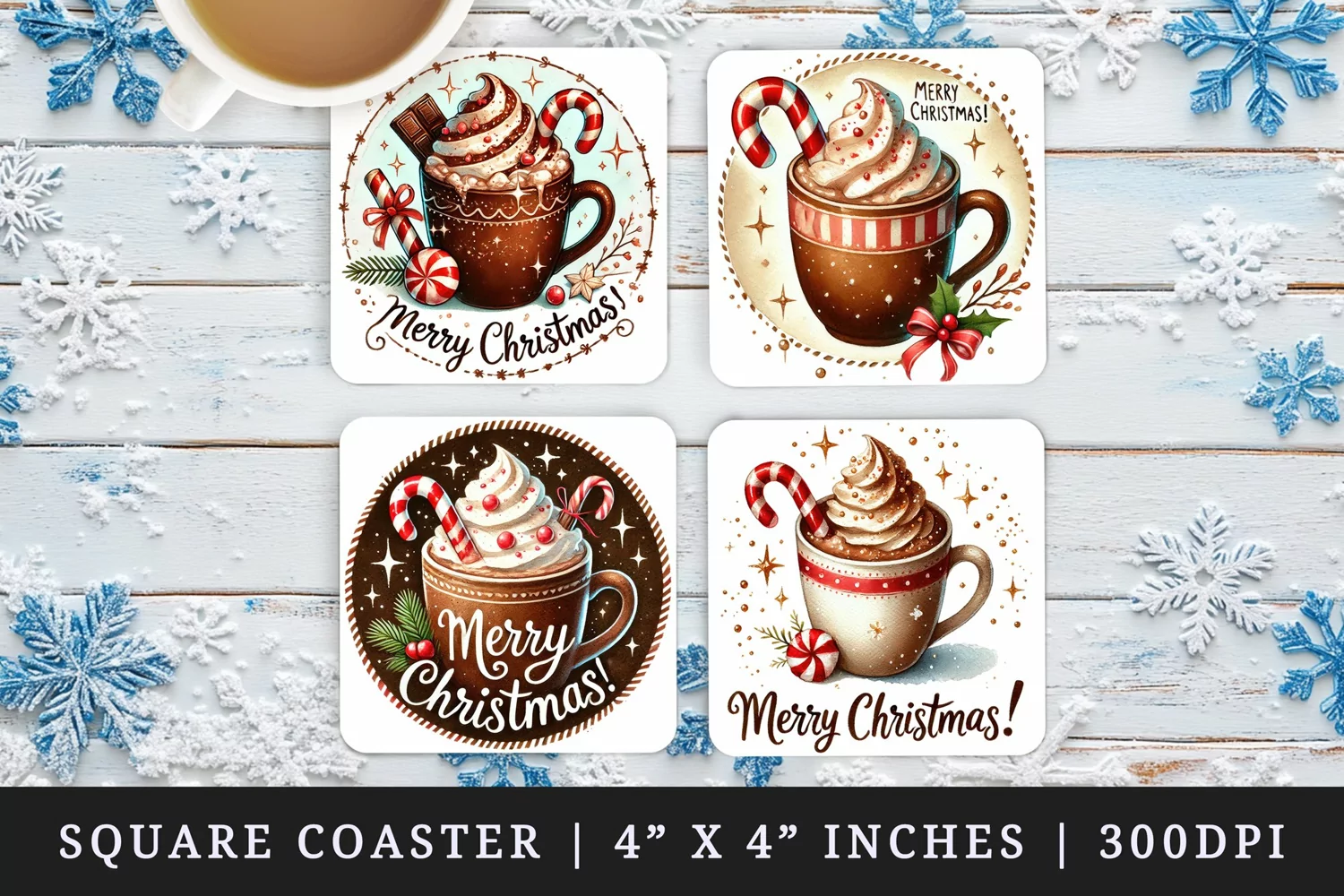 Watercolor cozy hot chocolate with whipped cream candy cane Merry Christmas quote New Year winter print square coaster mug coasters sublimation design