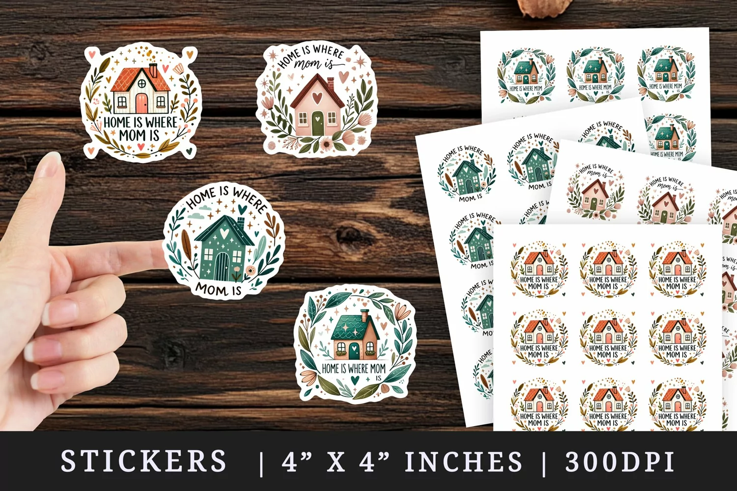 Watercolor cozy house sparkles leaves Home is Where Mom is quote Mothers Day mama print sticker sheet stickers printable sublimation design png
