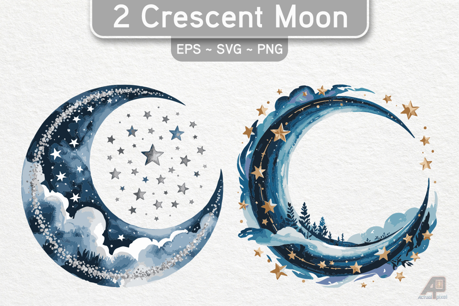 2 Watercolor Crescent Moon Cliparts product image 1