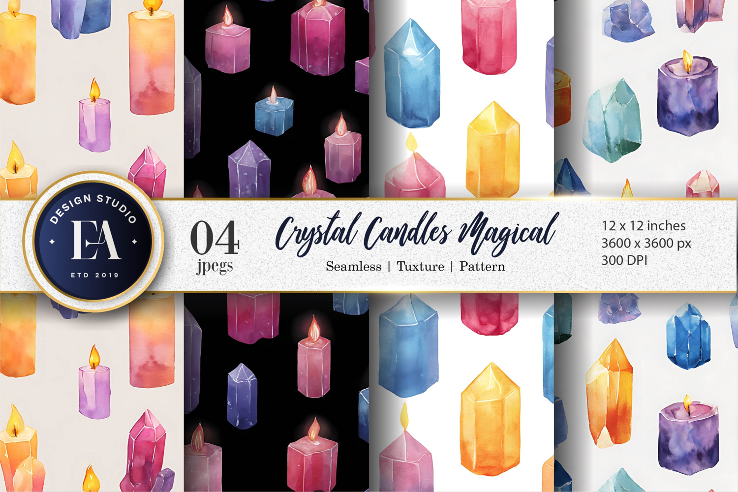 Candles Designed Crystals Watercolor Pattern Digital Paper product image 1