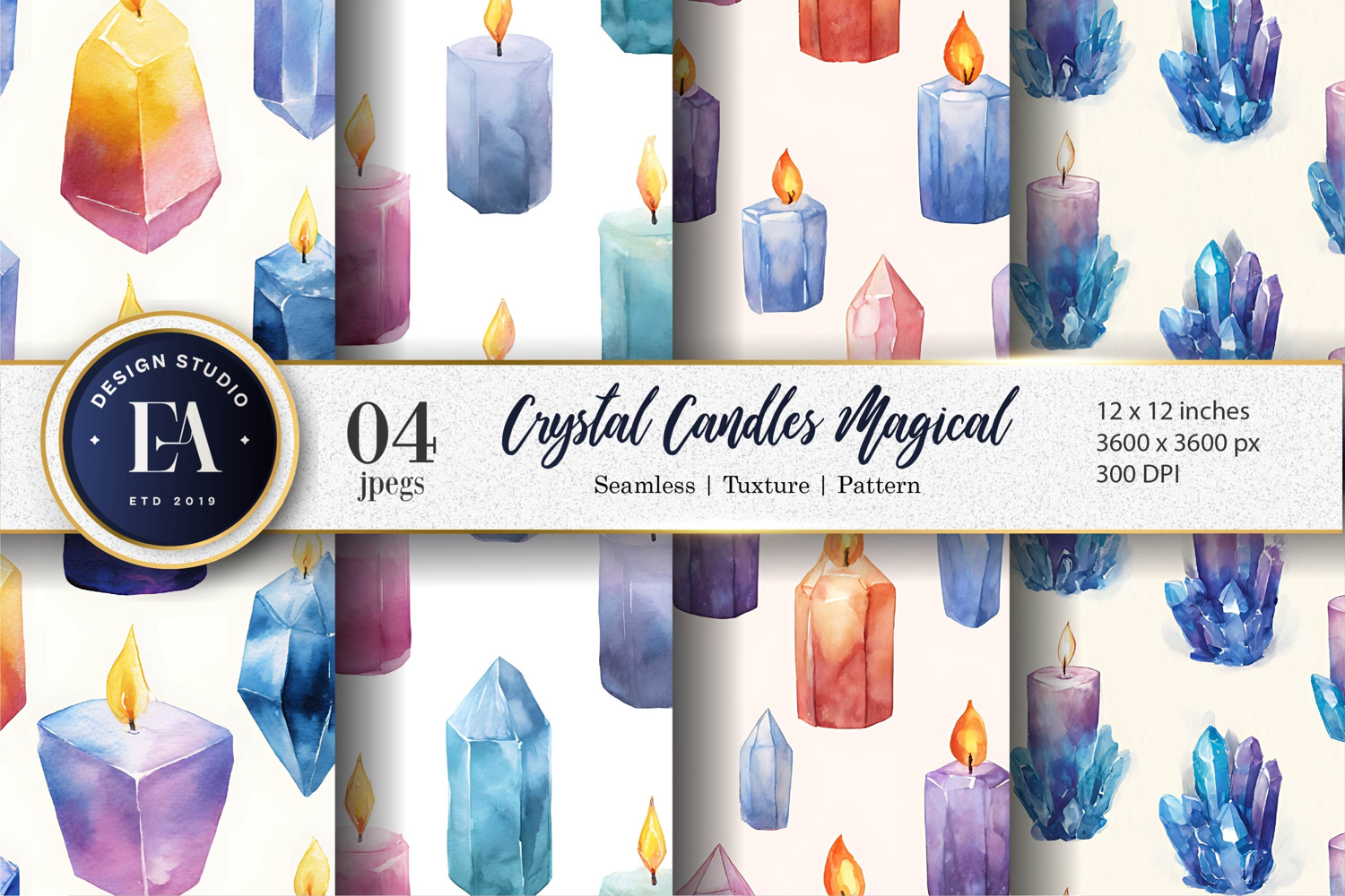 Candles Designed Crystals Watercolor Pattern Digital Paper product image 1