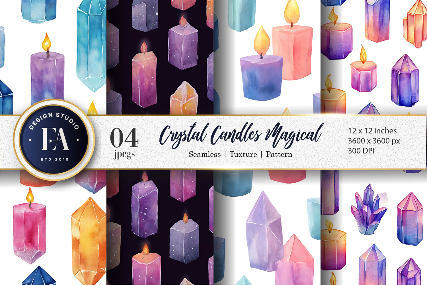 Candles Designed Crystals Watercolor Pattern Digital Paper product image 1