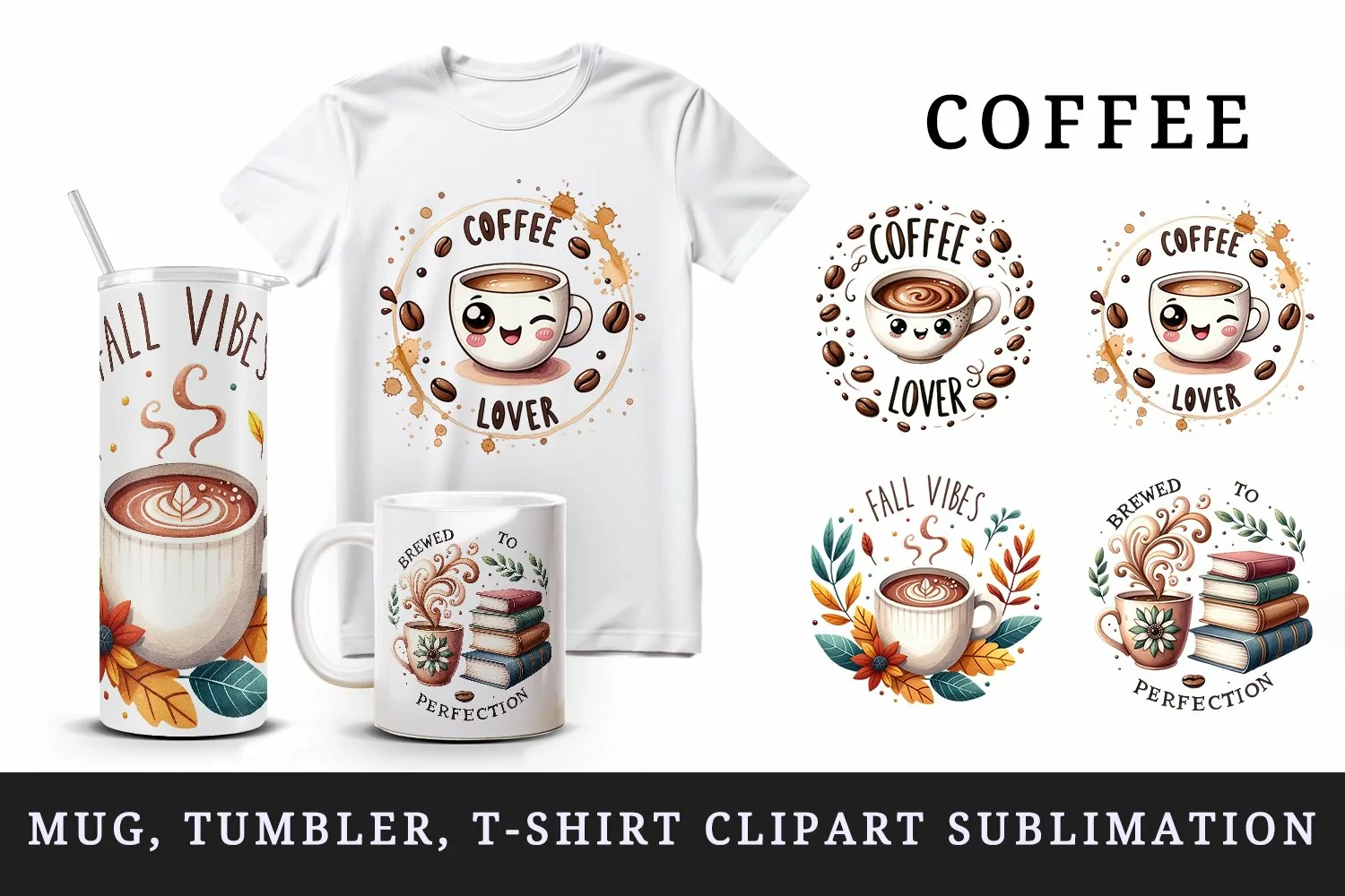 Watercolor cup of coffee and book autumn leaves splash beans coffee lover print tumbler skinny mug wrap clipart t-shirt sublimation printable design