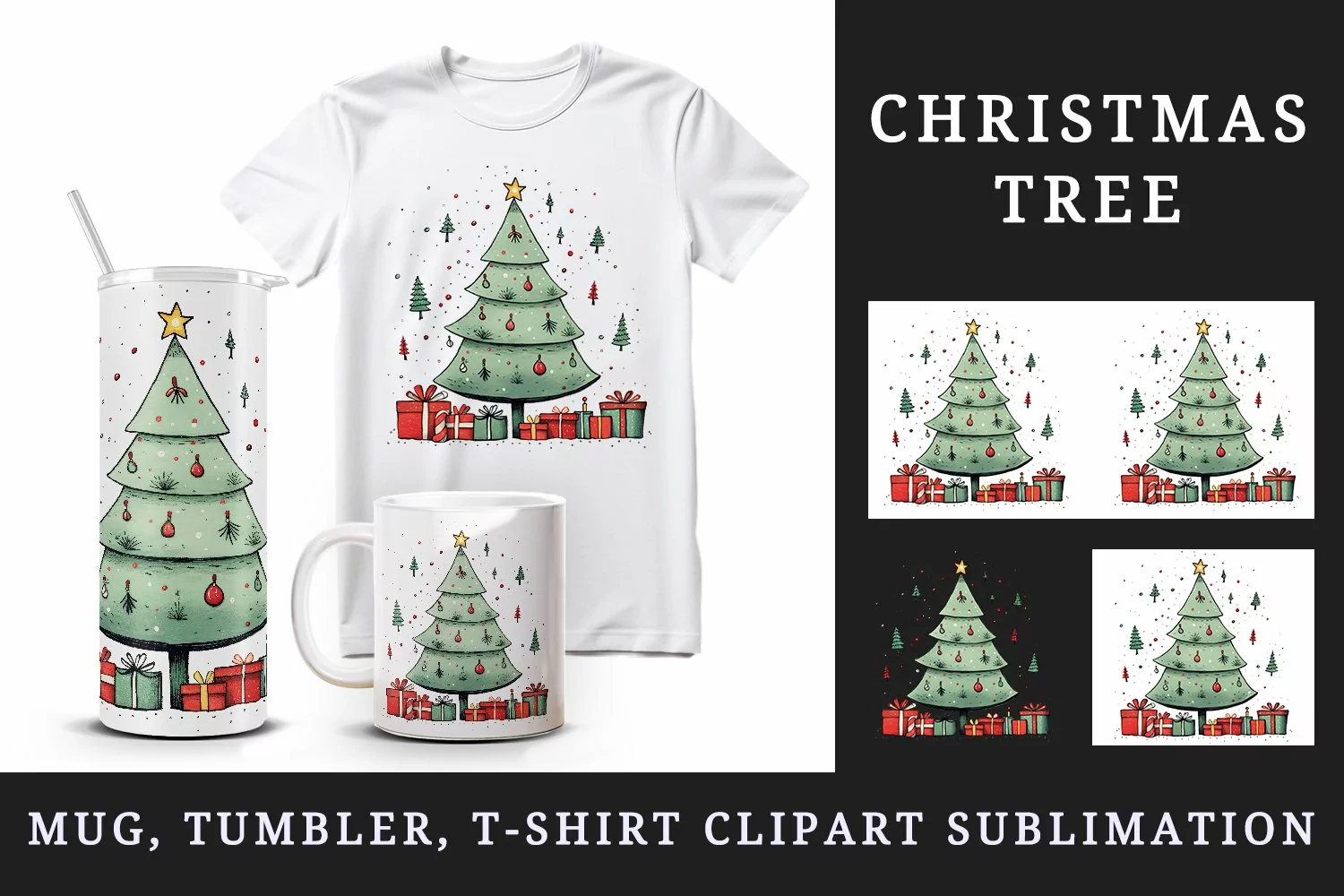 Watercolor cute adorable Christmas tree gift box New Year winter 20 oz tumbler skinny mug wrap clipart t-shirt sublimation printable design