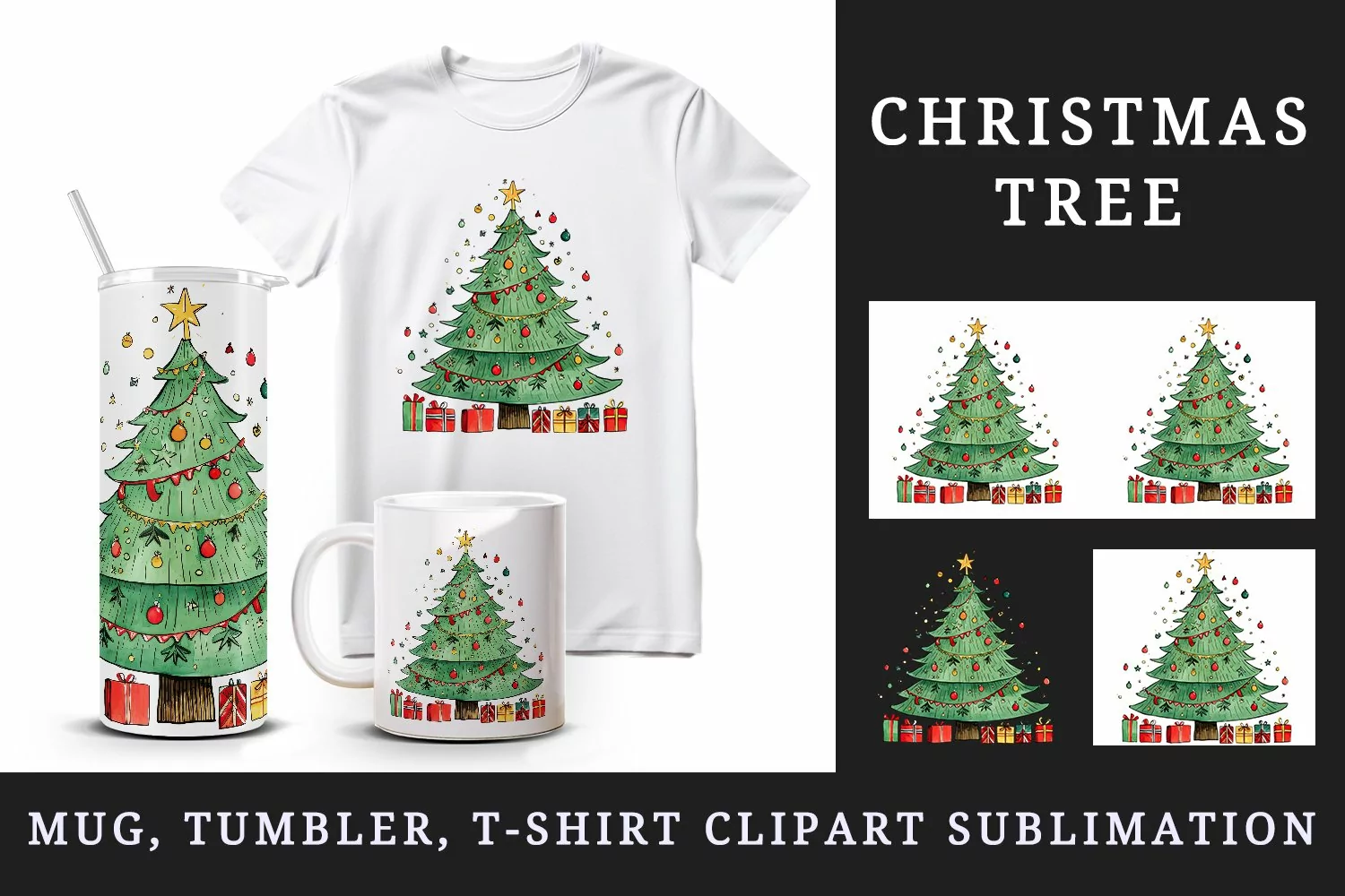 Watercolor cute adorable Christmas tree gift box New Year winter 20 oz tumbler skinny mug wrap clipart t-shirt sublimation printable design