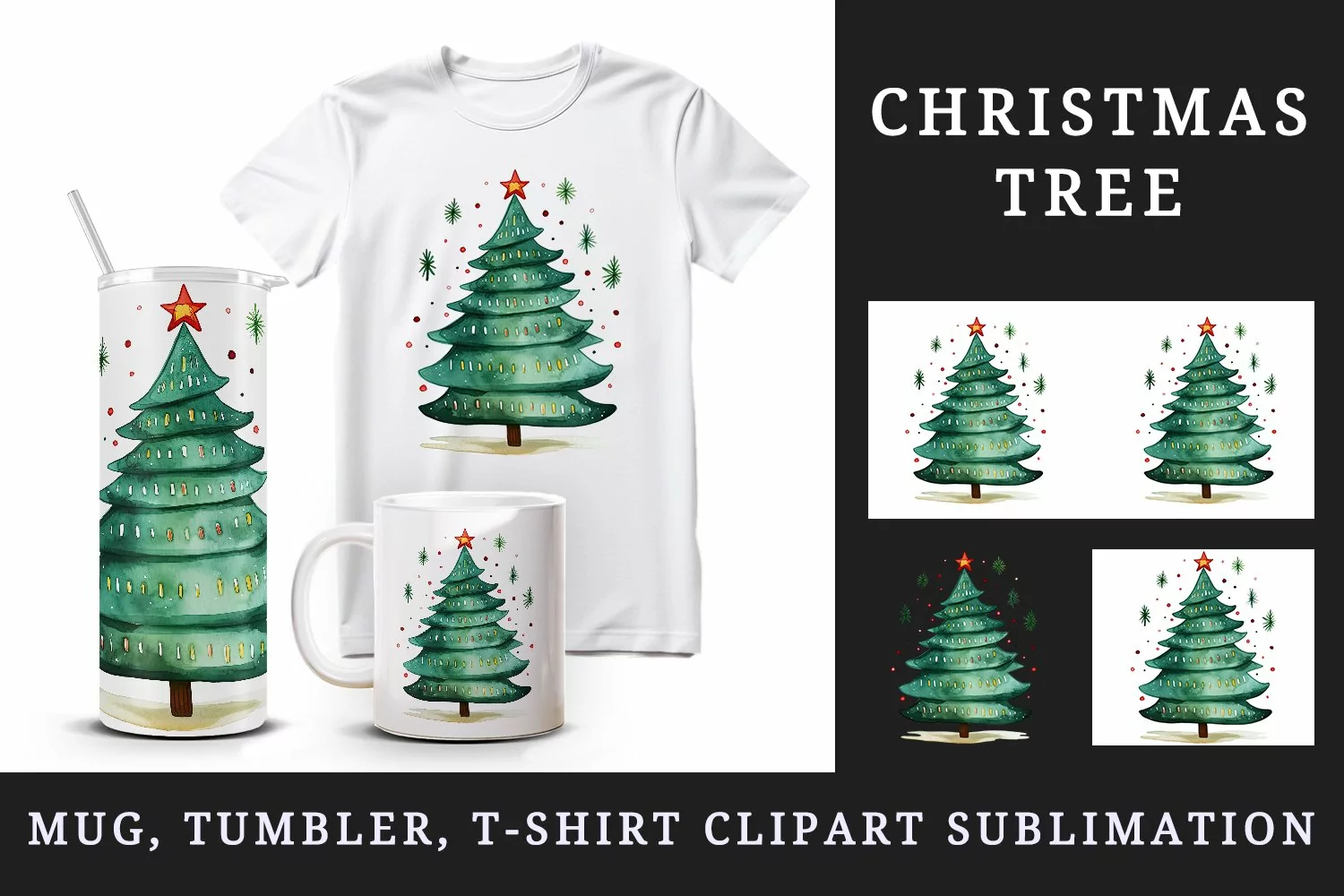 Watercolor cute adorable Christmas tree star New Year winter 20 oz tumbler skinny mug wrap clipart t-shirt sublimation printable design