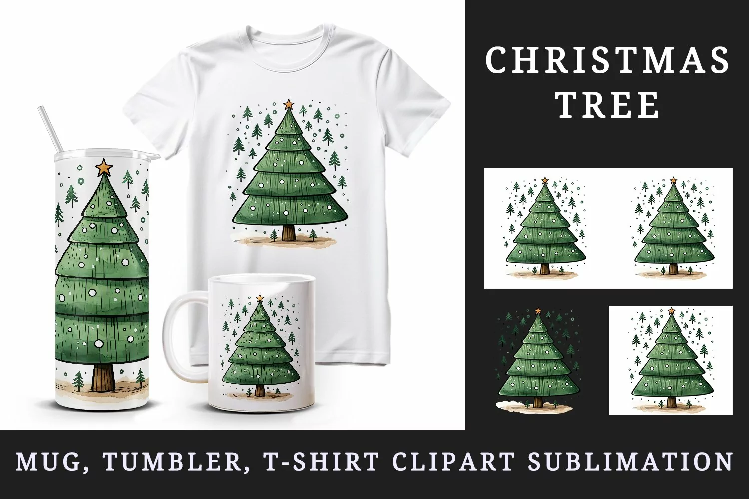 Watercolor cute adorable Christmas tree star New Year winter 20 oz tumbler skinny mug wrap clipart t-shirt sublimation printable design