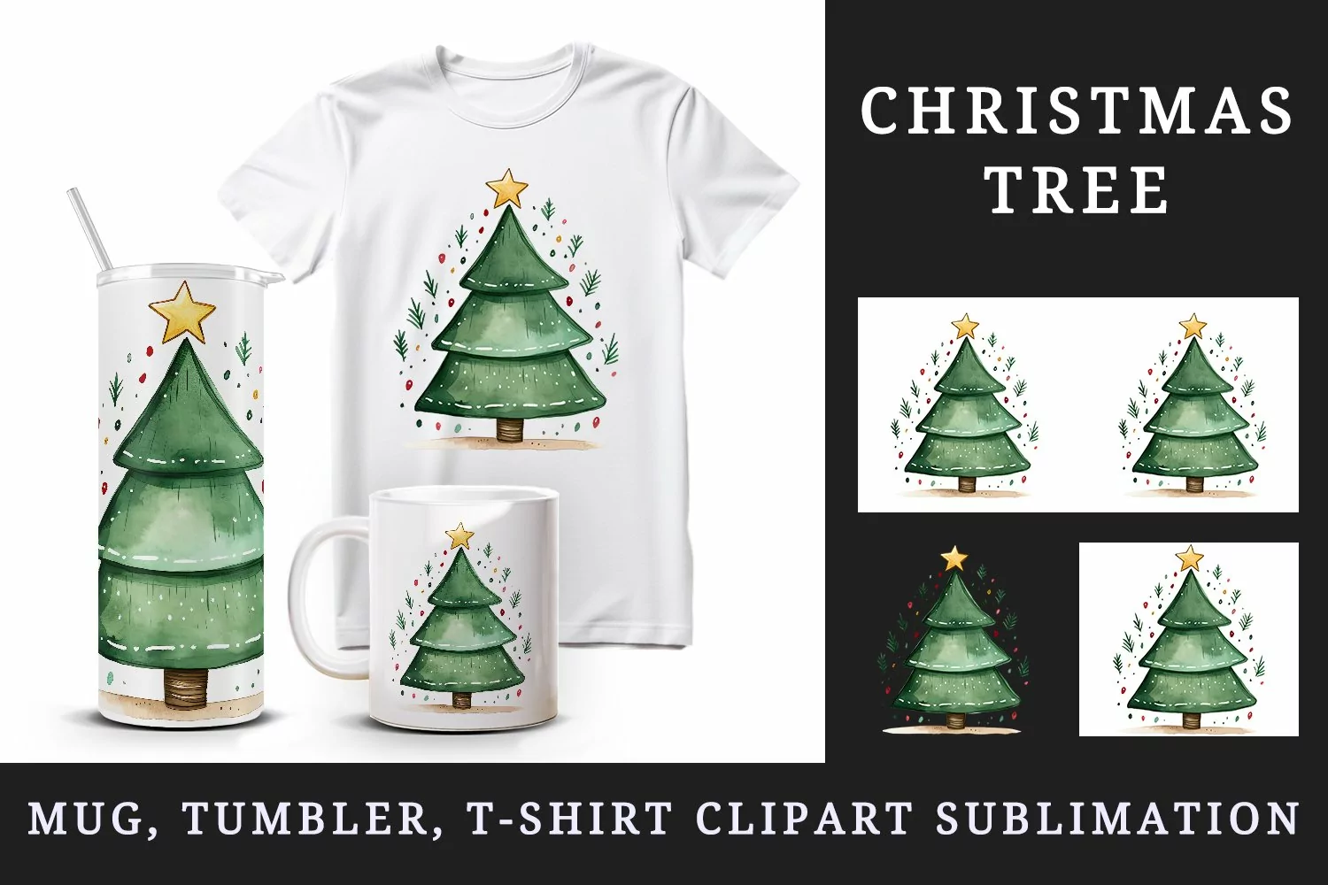 Watercolor cute adorable Christmas tree star New Year winter 20 oz tumbler skinny mug wrap clipart t-shirt sublimation printable design