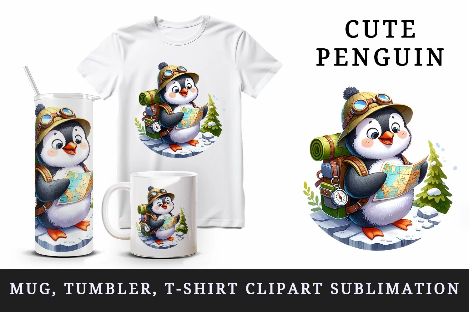 Watercolor cute adventurous penguin exploring with backpack and map print 20 oz tumbler skinny mug wrap clipart t-shirt sublimation printable design