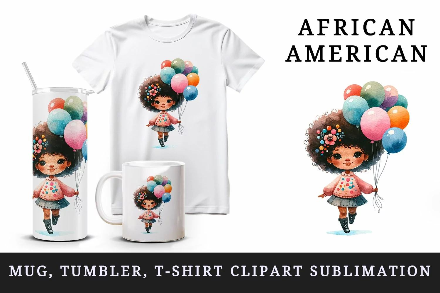 Watercolor cute African American woman girl holding bunch birthday balloons print tumbler skinny mug wrap clipart t-shirt sublimation printable design