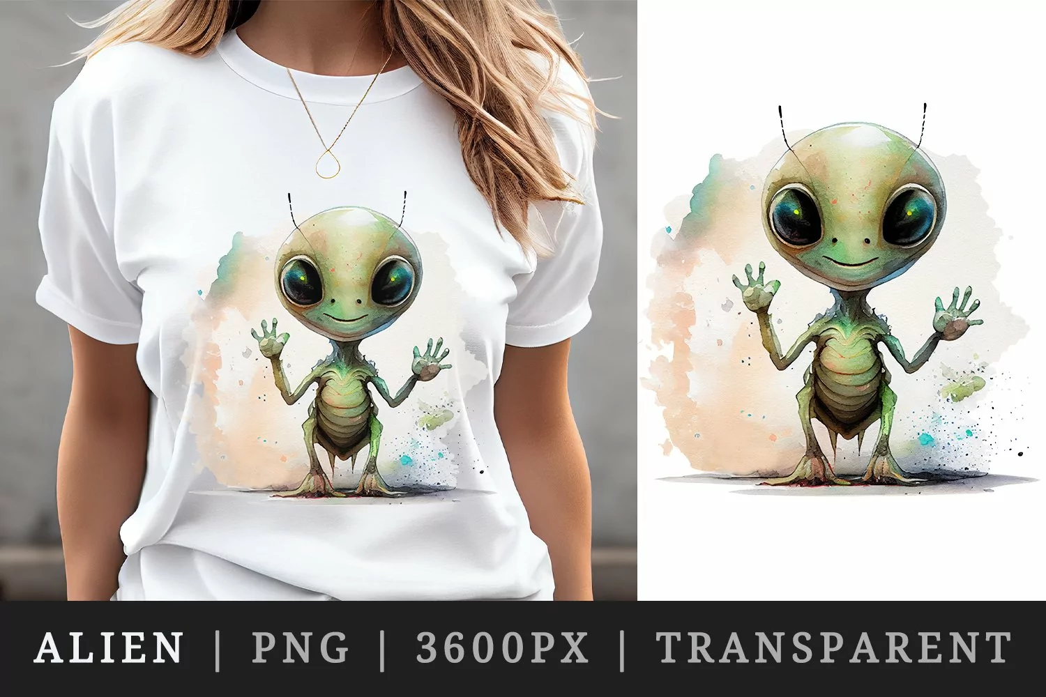 Watercolor cute alien t-shirt sublimation print design png