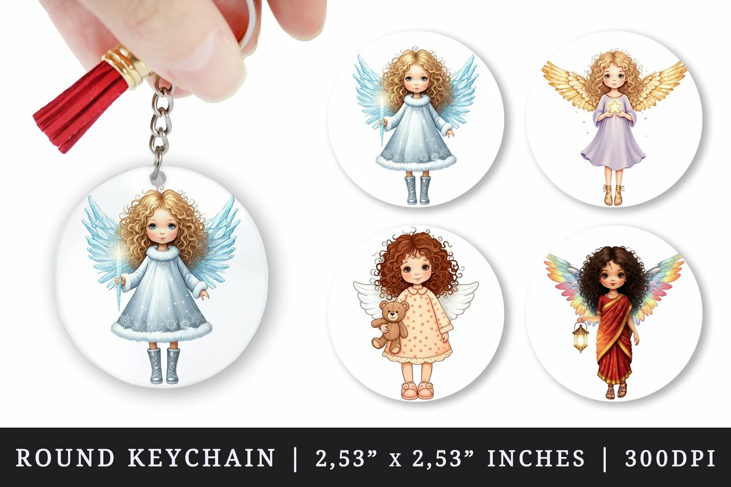 Watercolor cute angel girl with curly hair wings wearing dress Christmas New Year winter print round keychain keychains sublimation design