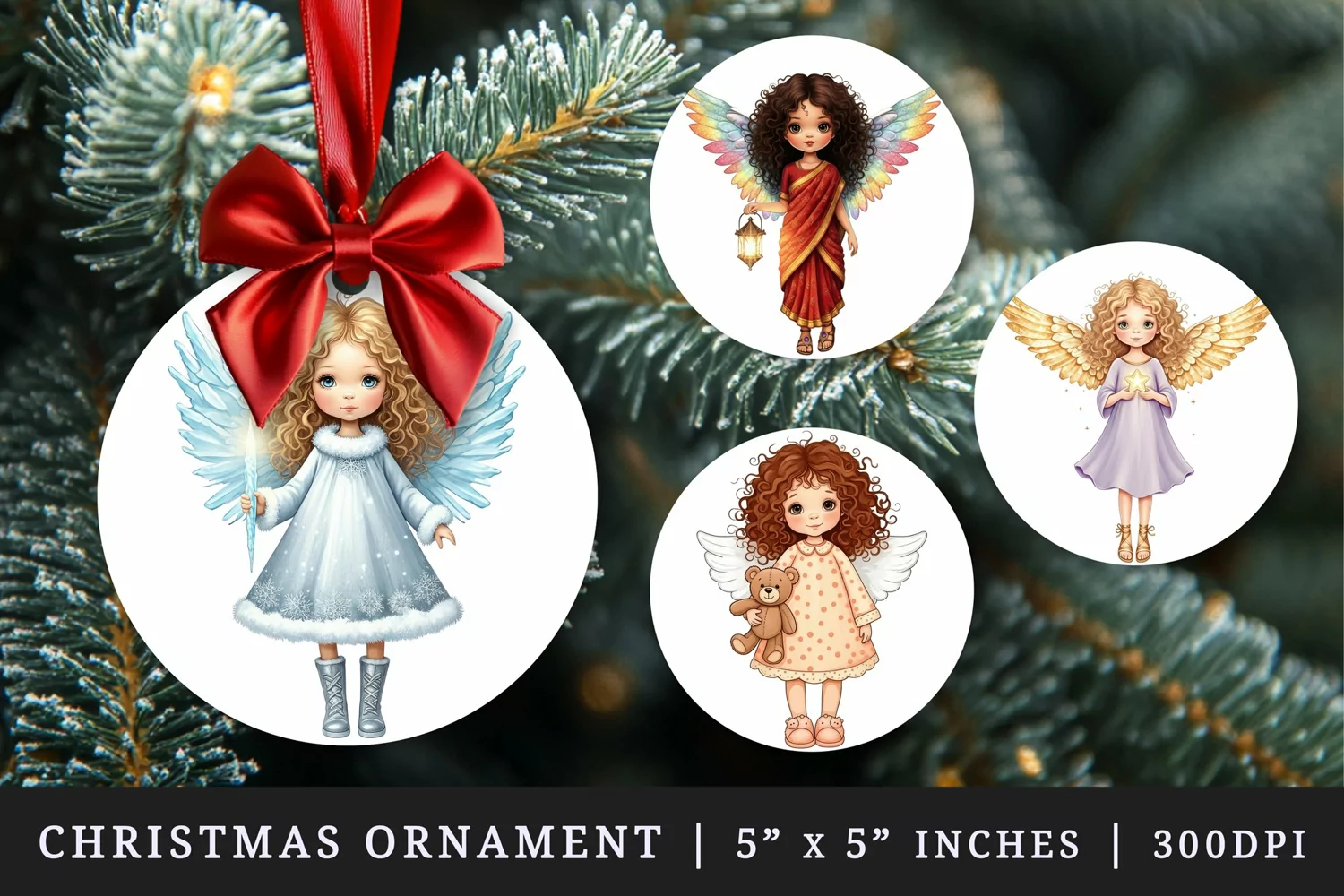 Watercolor cute angel girl with curly hair wings wearing dress Christmas New Year winter print round ornament ornaments sublimation design