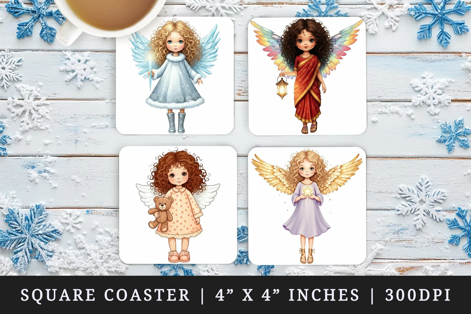 Watercolor cute angel girl with curly hair wings wearing dress Christmas New Year winter print square coaster mug coasters sublimation design
