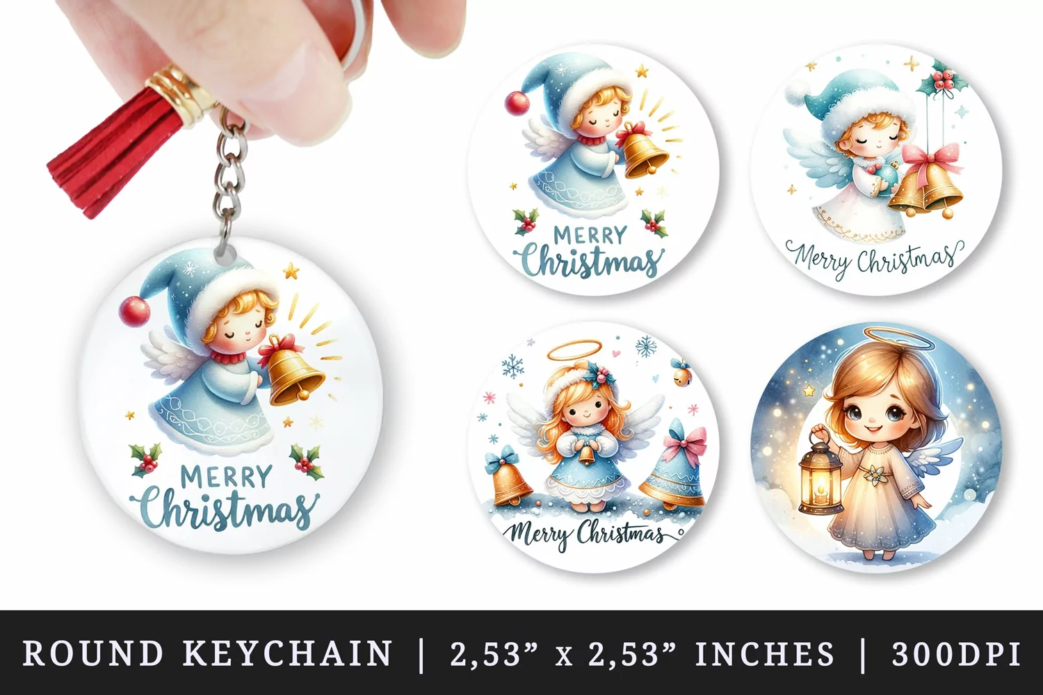 Watercolor cute angel with christmas bells Merry Christmas quote New Year winter print round keychain keychains sublimation design