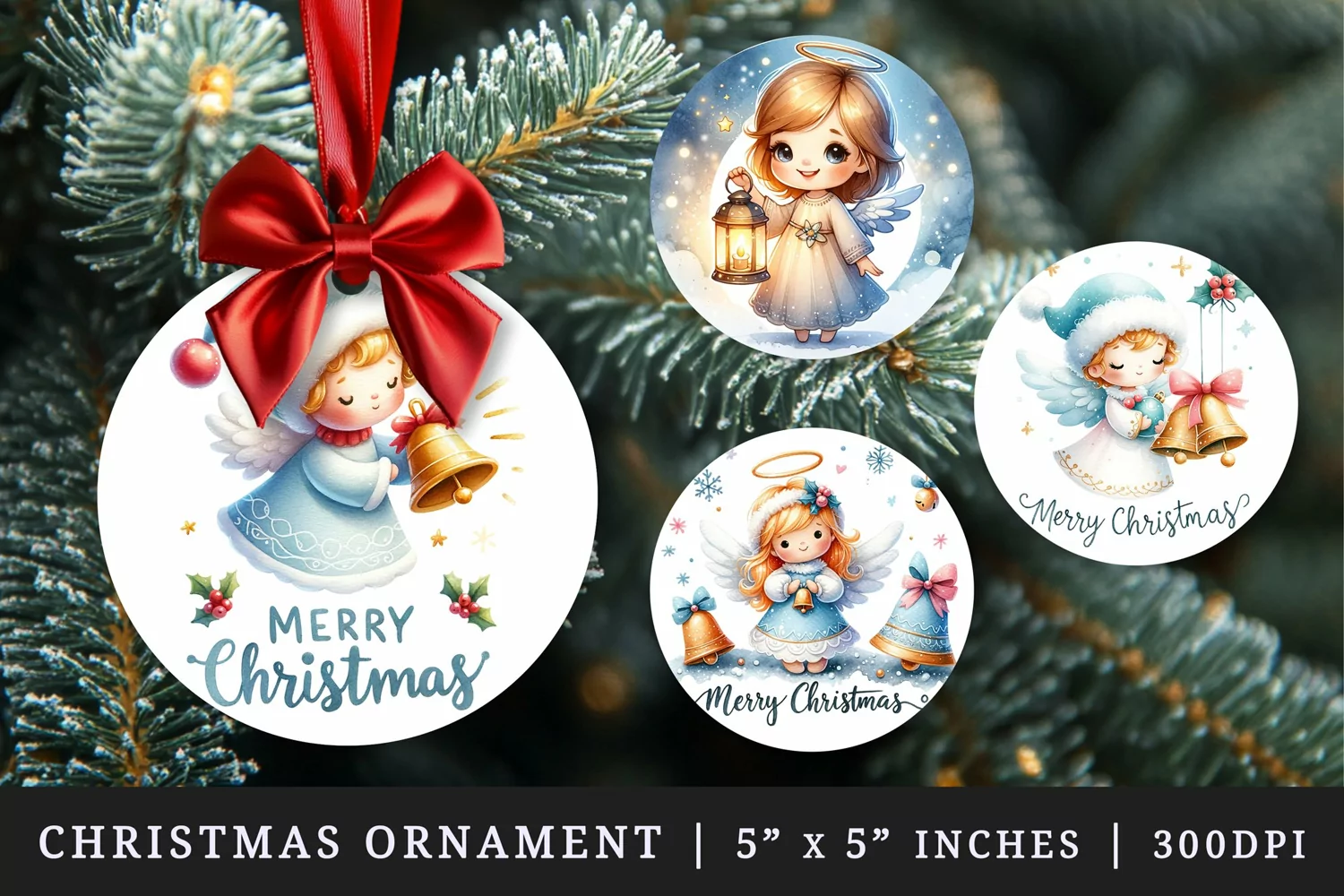 Watercolor cute angel with christmas bells Merry Christmas quote New Year winter print round ornament ornaments sublimation design