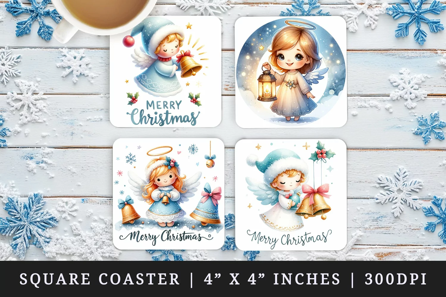 Watercolor cute angel with christmas bells Merry Christmas quote New Year winter print square coaster mug coasters sublimation design