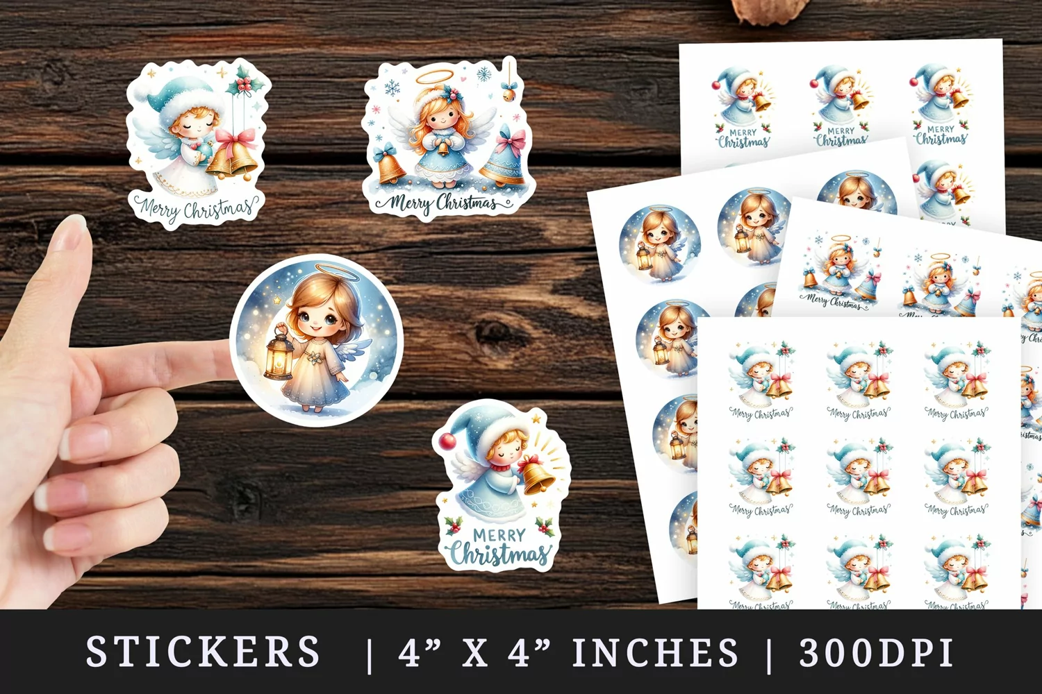 Watercolor cute angel with christmas bells Merry Christmas quote New Year winter print sticker sheet stickers printable sublimation design png