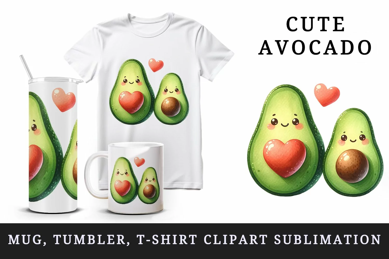 Watercolor cute avocados heart standing side by side love for Valentine Day print tumbler skinny mug wrap clipart t-shirt sublimation printable design