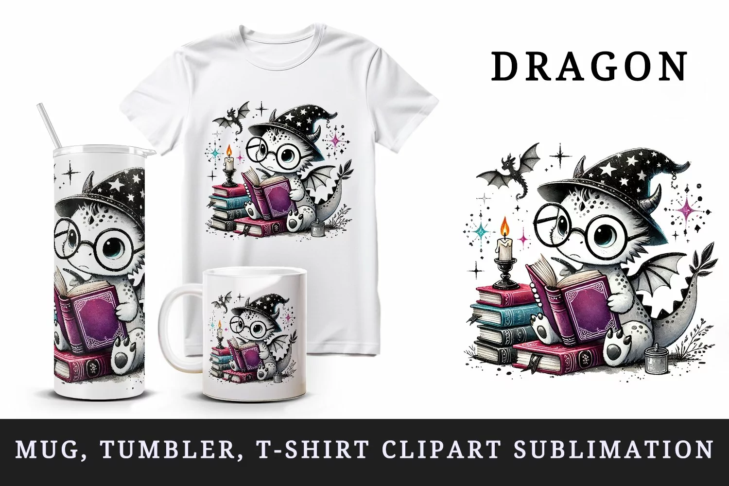 Watercolor cute baby dragon wizard reading magical book sparkles fantasy animal print 20 oz tumbler mug wrap clipart printable sublimation design png